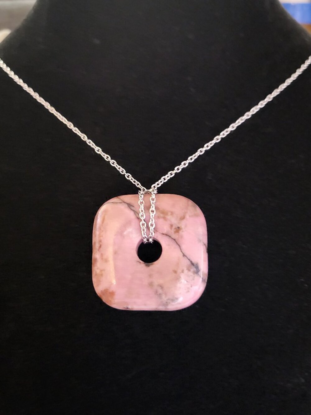Argentinian Rhodochrosite Pendant Stainless Steel Necklace